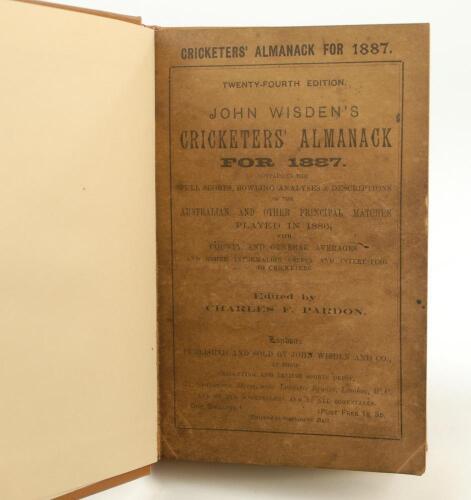 Wisden Cricketers’ Almanack 1887. 24th edition. Original paper wrappers, bound in brown boards, with gilt titles to spine. Darkening and staining to wrappers with very minor wear otherwise in good/very good condition