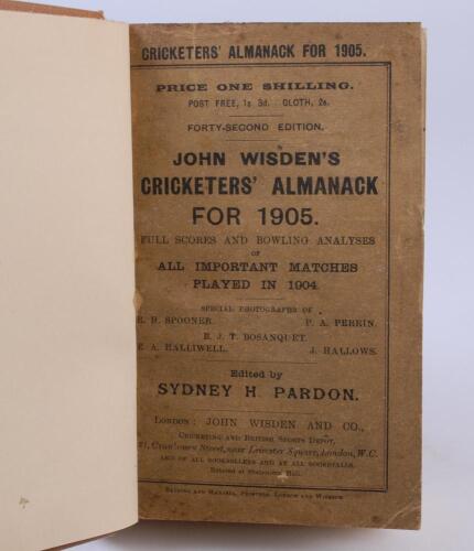 Wisden Cricketers’ Almanack 1905. 42nd edition. Original paper wrappers, bound in brown boards, with gilt titles to spine. Some soiling and age toning to wrappers otherwise in good/very good condition