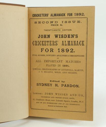 Wisden Cricketers’ Almanack 1892. 29th edition (2nd issue). Bound in brown boards, with original wrappers, with boards, gilt titles almost identical in typeface and positioning as an original hardback edition. Very minor wear to spine paper otherwise in v