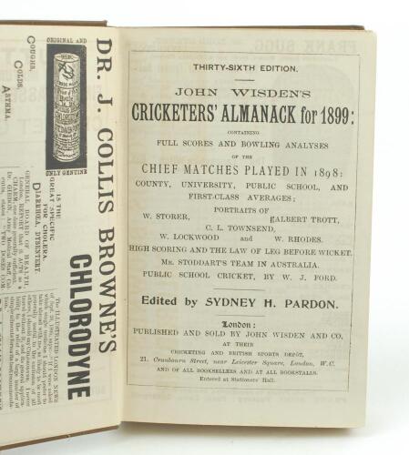 Wisden Cricketers’ Almanack 1899. 36th edition. Bound in brown boards, lacking original wrappers, with gilt titles to board and spine. Pages checked, complete. Trimming by the binder a little tight and irregular in places, odd minor faults otherwise in go