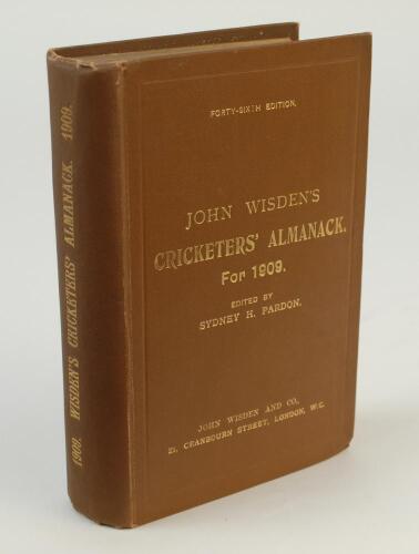 Wisden Cricketers’ Almanack 1909. 46th edition. Original hardback. Very good/excellent overall condition with bright gilt titles to front board and spine paper