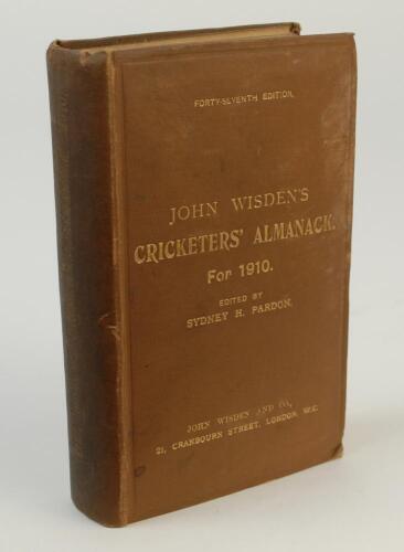 Wisden Cricketers’ Almanack 1910. 47th edition. Original hardback. Some wear and staining to both boards, darkening to spine paper, dulling to gilt titles on the spine paper, wear to board extremities, internally good