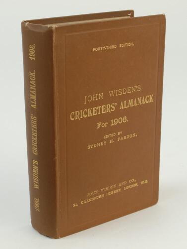 Wisden Cricketers’ Almanack 1906. 43rd edition. Original hardback. Very good/excellent condition with bright gilt titles to front board and spine paper