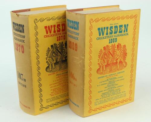 Wisden Cricketers’ Almanack 1969 and 1970. Original hardback editions with dustwrapper. Some age toning and minor nicks to spine of dustwrappers otherwise in good/very good condition. Qty 2