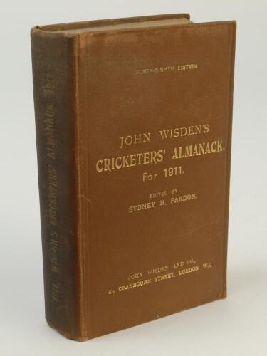 Wisden Cricketers’ Almanack 1911. 48th edition. Original hardback. Some wear and staining to front board and to a lesser extent the rear board, darkening to spine paper, slight dulling to the gilt titles on the spine paper, internally good