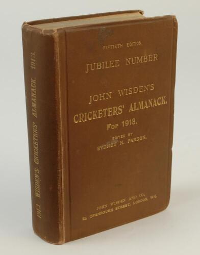 Wisden Cricketers’ Almanack 1913. 50th (Jubilee) edition. Original hardback. Some wear and minor staining to boards, some wear to board extremities, bumping to corners otherwise in good condition