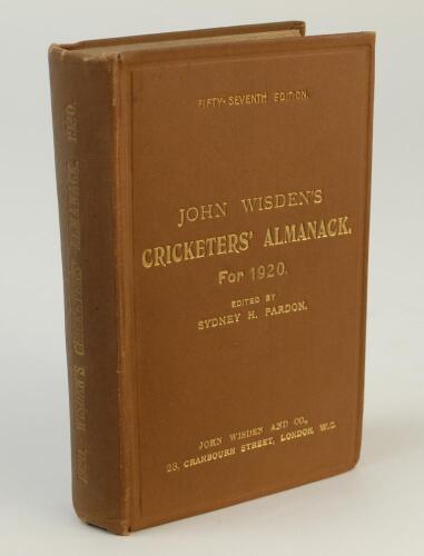 Wisden Cricketers’ Almanack 1920. 57th edition. Original hardback. Some slight dulling to gilt titles to spine paper, some slight soiling to yellow end papers otherwise in good/very good condition