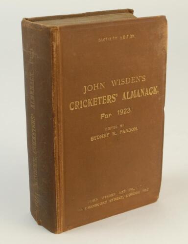 Wisden Cricketers’ Almanack 1923. 60th edition. Original hardback. Some wear and staining to board extremities, some bumping to corners, dulling to the gilt titles on the spine paper, minor loss to corner of one internal page, page block a little soiled o