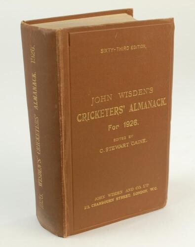 Wisden Cricketers’ Almanack 1926. 63rd edition. Original hardback. Some minor wear to the head and foot of the spine paper, minor bumping to corners otherwise in good/very good condition. Internally very good