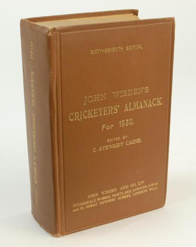 Wisden Cricketers’ Almanack 1930. 67th edition. Original hardback. Very good/excellent condition