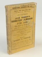 Wisden Cricketers’ Almanack 1918. 55th edition. Original paper wrappers. Wear, spotting and age toning to wrappers and spine paper, both wrappers have scuff marks to them and attempts have been made to restore the wrappers in these areas, some loss to the