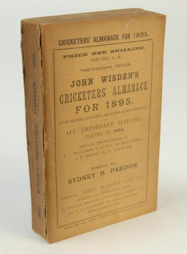 Wisden Cricketers’ Almanack 1895. 32nd edition. Original paper wrappers. Very slight bow to spine, very minor wear to spine, minor mark to top of front wrapper otherwise in very good condition