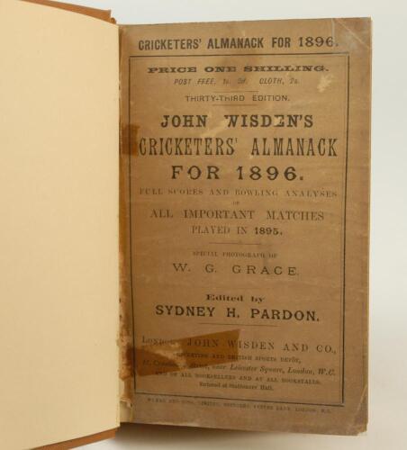 Wisden Cricketers’ Almanack 1896. 33rd edition. Original paper wrappers, bound in brown boards, with gilt titles to spine. Old tape marks to wrappers, some wear and age toning to wrappers, minor foxing to odd page otherwise in good/very good condition