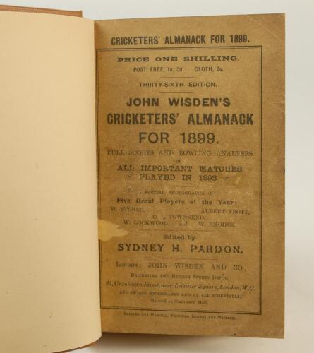 Wisden Cricketers’ Almanack 1899 and 1900. 36th & 37th editions. The 1899 edition with original paper wrappers, bound in brown boards, with gilt titles to spine. Some soiling and wear to original wrappers otherwise in good/very good condition. The 1900 la