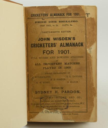 Wisden Cricketers’ Almanack 1901 and 1902. 38th & 39th editions. Both editions with original wrappers, uniformly bound in brown boards, with gilt titles to spine. The 1901 edition with poor worn and darkened wrappers with heavy loss to the extremities of 