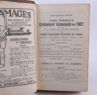 Wisden Cricketers’ Almanack 1907 and 1908. 44th & 45th editions. The 1907 edition lacking original wrappers, bound in old worn quarter leather, with titles to spine. The book, a little tired, with minor staining and annotation to odd page. The 1908 editio