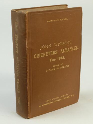 Wisden Cricketers’ Almanack 1912. 49th edition. Original hardback. Some general wear to boards, minor bump to front board edge, minor wear to spine paper and board corners, internally good/very good condition