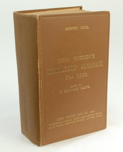 Wisden Cricketers’ Almanack 1933. 70th edition. Original hardback. Some dulling to gilt titles on front board and to a greater extent to the spine paper, some wear to board extremities, slight breaking to rear internal hinges otherwise in good+ condition