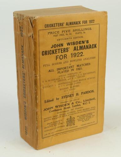 Wisden Cricketers’ Almanack 1922. 59th edition. Original paper wrappers. Some wrinkling to front wrapper, some wear and small loss to the head of the spine paper otherwise in generally good/very good condition