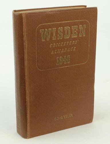 Wisden Cricketers’ Almanack 1946. 83rd edition. Original hardback. Only 5000 hardback copies were printed in this post war year. Some dulling to the gilt titles on the front board and spine paper, general wear to boards otherwise in good condition