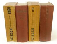 Wisden Cricketers’ Almanack 1947, 1948, 1949 and 1950. The 1947 and 1949 editions are original hardbacks, the 1948 and 1950 with cloth covered wrappers. The 1947 edition with dulled gilt titles to front board and spine, ink mark to front board, some wear 