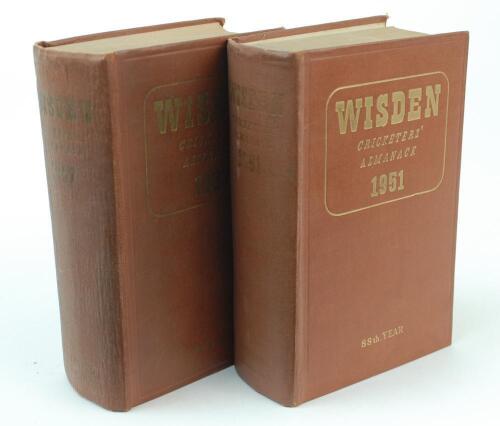 Wisden Cricketers’ Almanack 1951 and 1957. Original hardback editions. The 1951 edition with broken rear internal hinges, dulled gilt titles to spine, first advertising page attached to inside front board, the 1957 edition with dulled gilt titles to front