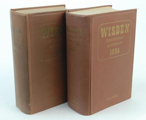 Wisden Cricketers’ Almanack 1956 and 1958. Original hardback editions. Both editions have some dulling to the gilt titles on the spine and front board and minor soiling to page block. The 1956 edition with some minor creasing to boards otherwise in good 