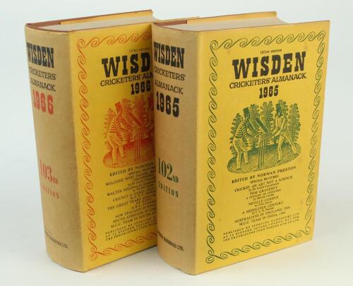 Wisden Cricketers’ Almanack 1965 and 1966. Original hardback editions with dustwrapper. Some age toning to spine of dustwrappers otherwise in good/very good condition. Qty 2