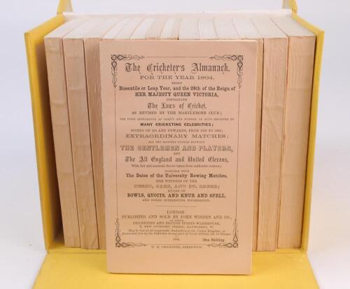 Wisden Cricketers’ Almanack 1864-1878. Fifteen facsimile editions, with pink wrappers, printed by ‘Billing & Sons Ltd’ and published in 1960. Limited edition. In original presentation box. Minor soiling to top edge, age toning to box otherwise in good con