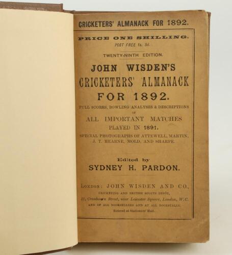 Wisden Cricketers’ Almanack 1892. 29th edition. Original paper wrappers, bound in brown boards, similar to original Wisden hardback editions, with gilt titles to front board and spine. Minor age toning to wrappers otherwise in very good condition