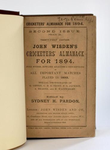 Wisden Cricketers’ Almanack 1894. 31st edition. Original paper wrappers, bound in brown boards, similar to original Wisden hardback editions, with gilt titles to front board and spine. Minor age toning to wrappers, handwritten name to top border of the fr