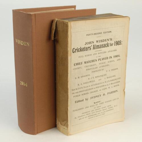 Wisden Cricketers’ Almanack 1904 & 1905. 41st and 42nd editions. The 1904 edition bound in brown boards, lacking original wrappers otherwise in good condition. The 1905 edition appears to have been previously bound, lacking both wrappers, total loss of sp