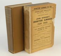 Wisden Cricketers’ Almanack 1902 & 1903. 39th and 40th editions. The 1902 edition appears to have been previously bound, lacking rear wrapper, total loss of spine paper, some loss to front wrapper extremities, darkening to top edge of page block otherwise