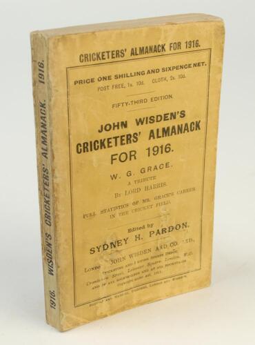 Wisden Cricketers’ Almanack 1916. 53rd edition. Original paper wrappers. Some wear and age toning to wrappers and spine paper, more to the front wrapper which has scuff marks to the lower half of it which has caused some loss to the print, appears to have