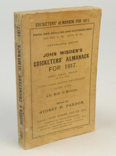 Wisden Cricketers’ Almanack 1917. 54th edition. Original paper wrappers. Some wear, minor spotting and age toning to wrappers and spine paper, some wear with slight corner loss to wrapper extremities otherwise in good+ condition. Rare war-time edition