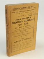 Wisden Cricketers’ Almanack 1919. 56th edition. Original paper wrappers. Slight age toning and very minor wear to wrappers, some darkening to spine paper, handwritten name and date ‘April 1919’ to top border of front wrapper otherwise in good/very good co