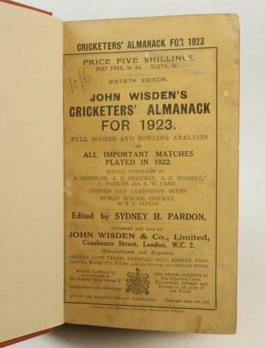 Wisden Cricketers’ Almanack 1923. 60th edition. Bound in brown boards, with original wrappers, gilt titles to spines. Some minor wear, age toning and slight soiling to wrappers otherwise in good condition