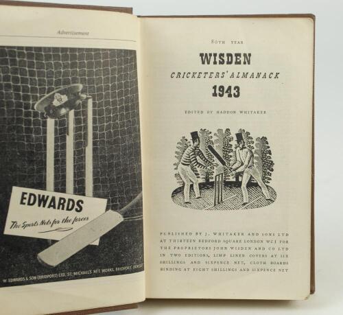 Wisden Cricketers’ Almanack 1943. 80th edition. Only 5600 paper copies printed in this war year. Rebound in boards with gilt titles to spine, lacking original front cloth cover, with rear cover, rear cover with tape marks around edges on the inside of the