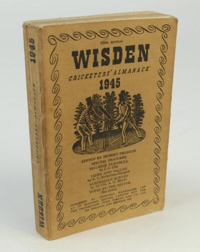 Wisden Cricketers’ Almanack 1945. 82nd edition. Original limp cloth covers. Only 5600 paper copies printed in this war year. Odd minor faults otherwise in good+ condition. Rare war-time edition