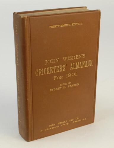 Wisden Cricketers’ Almanack 1901. 38th edition. Original hardback. Repaired damage to page 459/460, light soiling to top of page block edge otherwise in excellent condition with gilt titles bright to front board and spine paper. A rare early hardback edit