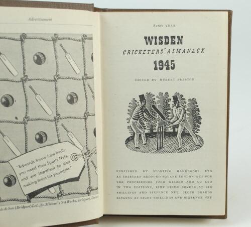 Wisden Cricketers’ Almanack 1945. 82nd edition. Only 6500 paper copies printed in this war year. Rebound in boards with gilt titles to spine, lacking original cloth covers otherwise in good/very good condition. Sold with a rebound 1948 edition with poor o