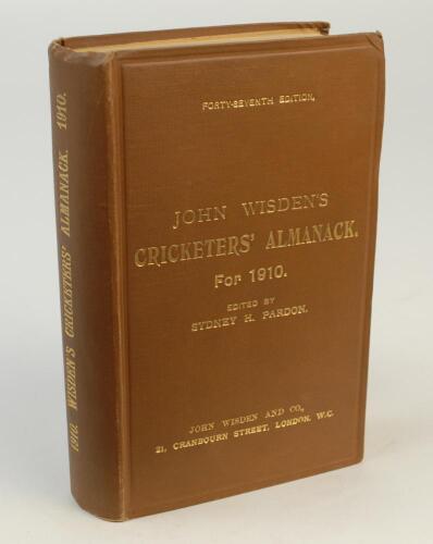 Wisden Cricketers’ Almanack 1910. 47th edition. Original hardback. Minor wear to board corners, bump to rear board, handwritten name of ownership and date in ink to top border of yellow end paper to the back of the front board otherwise in very good condi