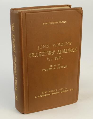 Wisden Cricketers’ Almanack 1911. 48th edition. Original hardback. Minor wear to boards, handwritten name of ownership and date in ink to top border of yellow end paper to the back of the front board otherwise in very good condition with bright gilt title