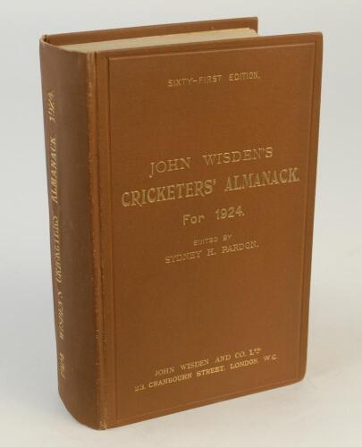 Wisden Cricketers’ Almanack 1924. 61st edition. Original hardback. Excellent condition with bright gilt titles to front board and spine paper.