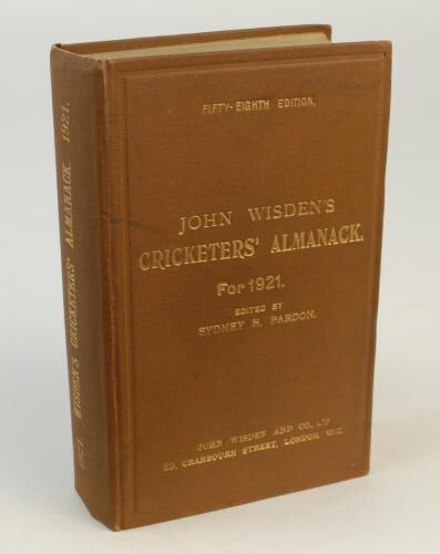 Wisden Cricketers’ Almanack 1921. 58th edition. Original hardback. Minor marks to boards otherwise in very good to excellent condition with bright gilt titles to front board and spine paper