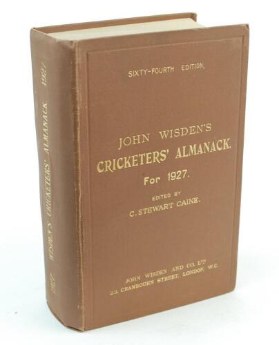 Wisden Cricketers’ Almanack 1927. 64th edition. Original hardback. Very minor wear to boards otherwise in very good/excellent condition with bright gilt titles to front board and spine paper.