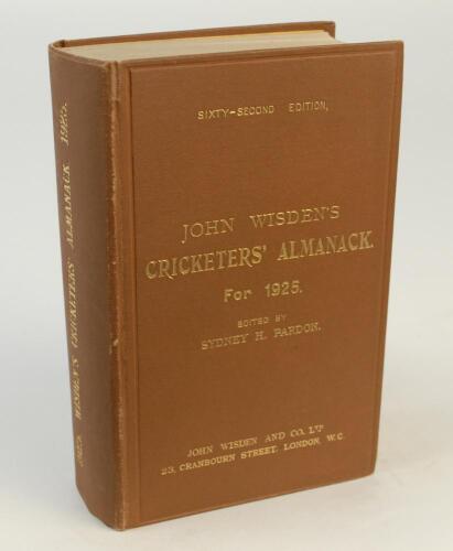 Wisden Cricketers’ Almanack 1925. 62nd edition. Original hardback. Very minor wear to the left hand edge of the front board where it meets the spine otherwise in excellent condition with bright gilt titles to front board and spine paper.