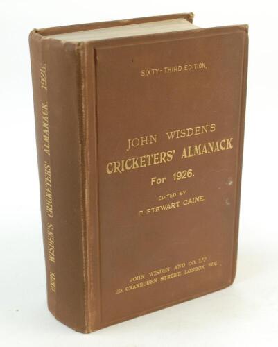 Wisden Cricketers’ Almanack 1926. 63rd edition. Original hardback. Minor marks to front board, slight wear to board extremities, minor creasing to spine paper otherwise in very good/excellent condition with bright gilt titles to front board and spine pape