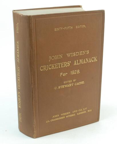 Wisden Cricketers’ Almanack 1928. 65th edition. Original hardback. Very minor wear to boards, very slight splitting to rear internal hinge otherwise in very good condition with bright gilt titles to front board and spine paper.