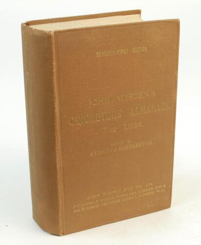 Wisden Cricketers’ Almanack 1934. 71st edition. Original hardback. Some dulling to gilt titles on front board and spine paper, some soiling to page block edge otherwise in very good condition.